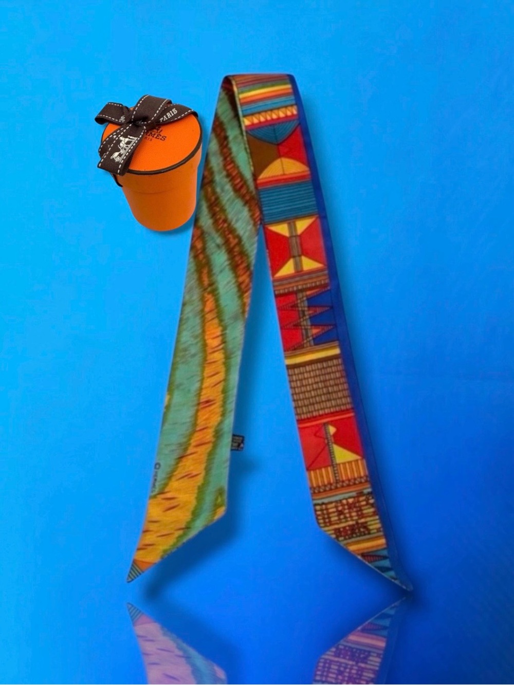 💗HERMES 100% Silk Twilly Ribbon Scarf • Vibrant Multicolor Blue Red Green Orange